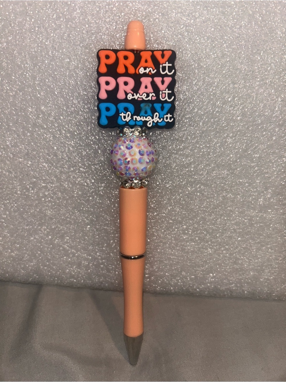 Hand Crafted Peach Prayer Pen with Multicolor Rhinestone Accent